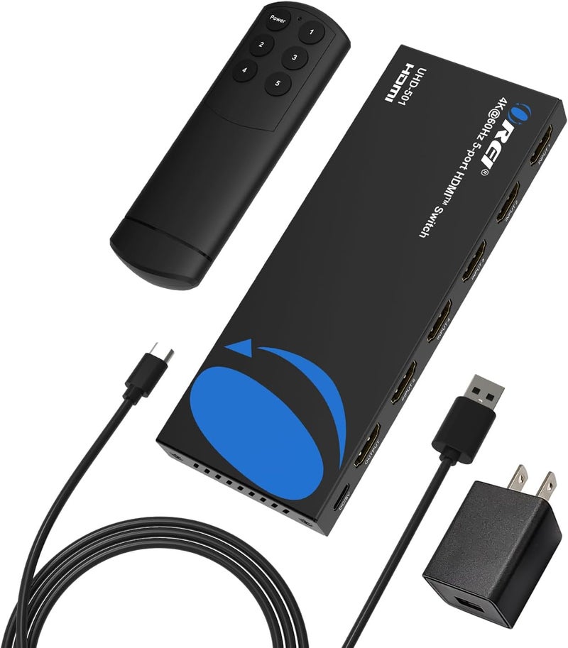 OREI 4K HDMI Switch 5 in 1 Out – HDMI Switch with Remote 4K@60hz with HDR, Dolby, DTS & 3D - 18Gbps Switcher - for PS5/4, Xbox, Roku, Fire TV - Image 1
